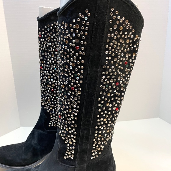 Beverly Feldman Western Boots Black Suede Leather Rhinestone Multi-Color Size 9 - Picture 4 of 14